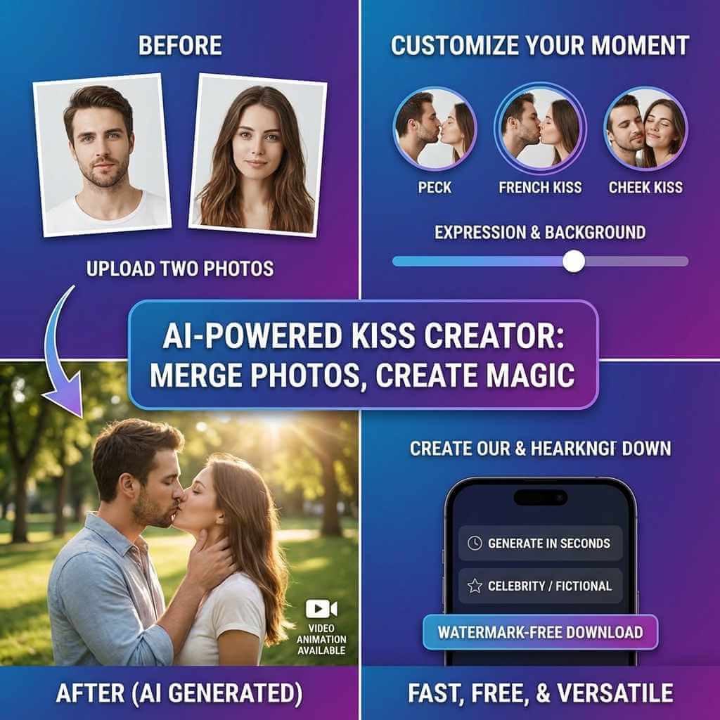 Two Photos AI Kissing Free Processing